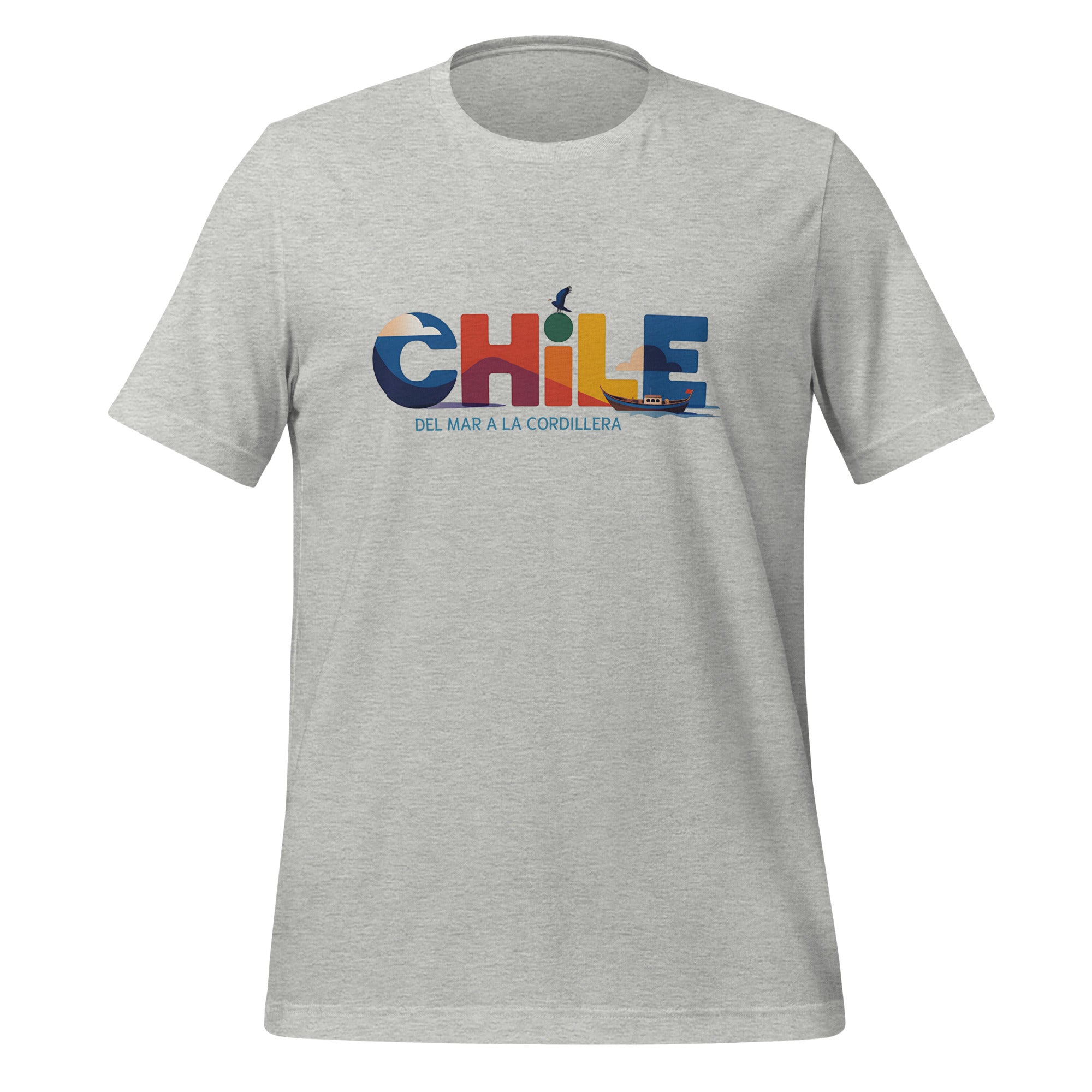 T-shirt con diseño colorido del país Chile con texto “Chile – Del Mar a la Cordillera”.